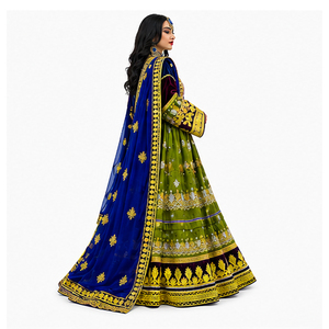 Lehenga Choli de seda verde con dupatta azul bordada, ropa de boda para mujer, largo hasta el suelo, vestidos indios afganos Kuchi. - Product Image 4