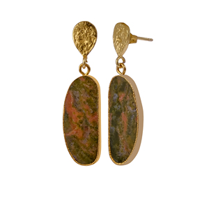 Genuine Unakite Gemstone <b>Cute</b> Bezel Setting Stud <b>Earrings</b> for Women 18K Gold Plated Brass Handmade Statement Jewelry - Product Image 2