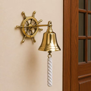 Campana de pared de latón con soporte de rueda de barco y cuerda para tirar, estilo vintage decorativo - Product Image 3