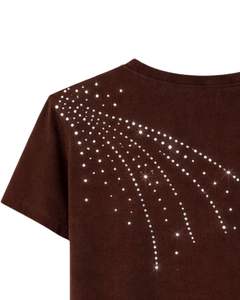 T-shirt en coton marron personnalisé pour femme avec strass et pompons, manches courtes, col rond, haut décontracté et tendance pour femme, vente en gros sur mesure - Product Image 6