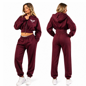 Women <b>Cropped</b> Hoodie Tracksuit Set Burgundy <b>Zip</b> <b>Up</b> Sweatshirt Jogger Pants Casual Sportswear 2 Piece Set - Product Image 1