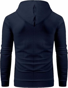 Men's <b>Navy</b> Blue Hooded Waffle Knit <b>Sweatshirt</b> Regular Fit Casual Autumn Pullover Long Sleeve Solid Color Hoodie - Product Image 6