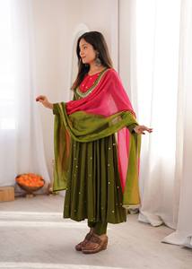 Costume Anarkali traditionnel vert olive pour femmes avec dupatta brodé, coupe ample, longueur au sol, tenue décontractée, style Inde Pakistan - Product Image 4