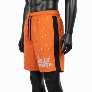 กางเกงขาสั้นผู้ชายผ้าไมโครไฟเบอร์โพลีเอสเตอร์กันลม สีส้มดำ แต่งแถบตาข่ายด้านข้าง พิมพ์ลายแบบรีดร้อนตามสั่ง - Product Image 4