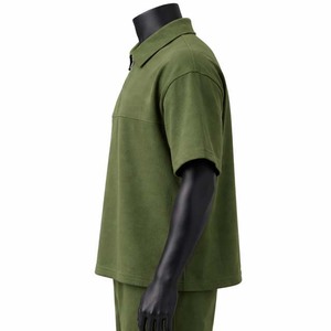 Men's Plus Size Olive Green Fleece Polo <b>Shirt</b> Short Sleeve Zipper <b>Collar</b> Casual Knitted Solid Color - Product Image 5