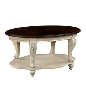 42\" Beige E <b>Oval</b> Wood <b>Coffee</b> <b>Table</b> for Living Room 2-Tier Solid Wood Cocktail <b>Table</b> with Open Storage Shelf Easy Assembly - Product Image 1