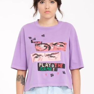 T-shirt court à col rond jaune moutarde pour femme avec poche brodée cerise, décontracté, printemps-été - Product Image 5