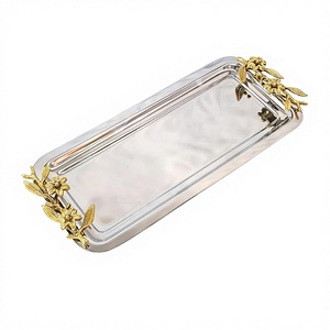 Plateau de service rectangulaire très vendu avec poignée en feuille de laiton dorée, élégant plateau en acier inoxydable - Product Image 2