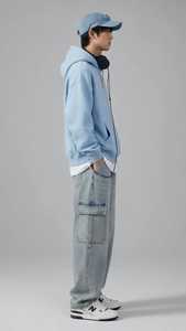 Sweat-shirt à capuche oversize bleu clair pour homme, pull-over décontracté uni avec poche avant - Product Image 5