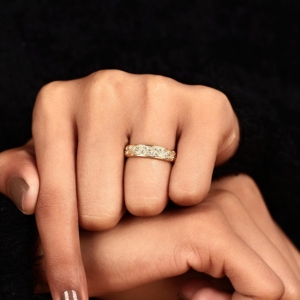 Round Moissanite Wedding Band Vintage Floral Gold Leaf Engraved Eternity Band Antique Diamond <b>Stacking</b> <b>Ring</b> Promise Gift - Product Image 5