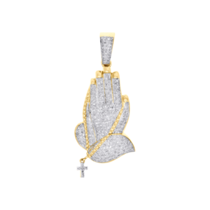 Colgante de Oro Amarillo Sólido de 10K para Hombre con Diamantes Naturales, Diseño de Manos en Oración y Cruz de Rosario, 1.70 Pulgadas, 0.87 CT, Joyería Cristiana Hip-Hop - Product Image 1