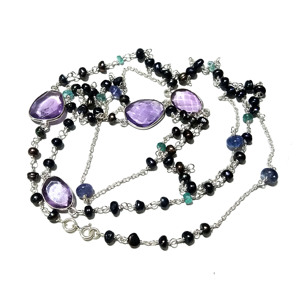 Collier en argent sterling 925 fait main avec améthyste naturelle, perle noire et kyanite, long, multi-pierres, idéal pour les fêtes et comme cadeau - Product Image 1