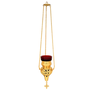 Brass Hanging Oil <b>Candle</b> Lamp with <b>Red</b> Glass | Church Sanctuary Vigil Lamp – DOUBLE VEE EXPORTS - Product Image 1