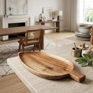 Plato de madera con forma de hoja y asa, perfecto para ensaladas, frutas, aperitivos, elegante plato de madera natural para servir en el hogar o en cafeterías. - Product Image 2