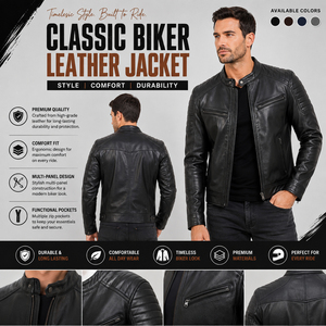 Blouson en cuir pour homme, style motard, boutonné, col montant, veste en cuir tendance pour homme - Product Image 1