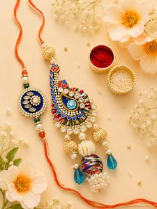 Juego de Rakhi de Diseño Artesanal con Adornos de Perlas para el Festival de Raksha Bandhan en Colores Rosa, Amarillo y Azul - Product Image 5