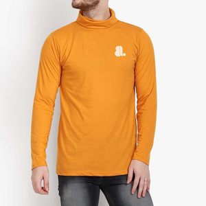 <b>Men's</b> O-Neck Long Sleeve Knitted Polyester Breathable Solid Color Casual <b>Top</b> with Logo Front Orange - Product Image 1