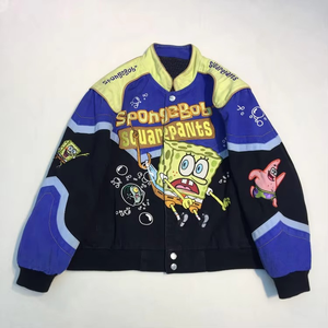 Chaqueta Varsity Vintage de Invierno para Hombre con Cuello Alto y Bordado, 100% Algodón Canvas, Impermeable, Resistente al Viento, Ecológica, SpongeBob Racing - Product Image 1