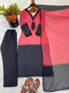 Ensemble Kurti élégant de créateur – Haut en soie crêpe avec pantalon et dupatta en georgette - Product Image 5
