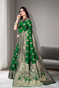 AARA Fashion Traditional Indian <b>Green</b> <b>Silk</b> Saree Golden Floral Embroidery Border for Women Wedding Party Wear Quick Dry All - Product Image 1