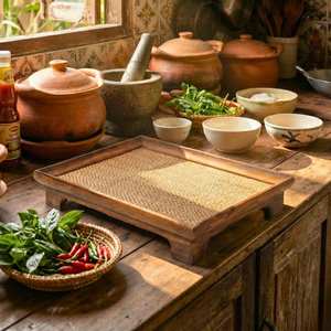 Bandeja de Servir Artesanal de Madera Dura con Base Elevada de Bambú Tejido para Té y Utensilios de Té, Cuadrada - Product Image 5