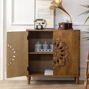 Credenza Rustica Boho con 2 Ante in Legno Massello Intagliato a Mano con Design Floreale per Soggiorno - Product Image 6
