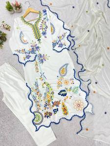 White Floor-Length Embroidered Kaftan Women's Loose Fit Traditional Indian Pakistani Wear Summer Casual Cotton <b>Dress</b> - Product Image 5