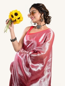 KV Women's <b>Red</b> Tissue Woven Handloom Saree Without <b>Blouse</b> - Product Image 5