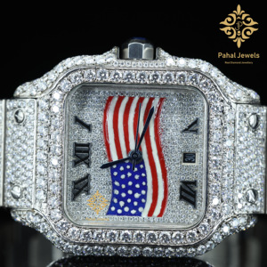 นาฬิกาข้อมือผู้ชาย Pahal Jewels ประดับเพชร หน้าปัดคริสตัลแซฟไฟร์ทรงสี่เหลี่ยม ลายธงชาติอเมริกา ระบบกลไก ตัวเรือนสแตนเลสสตีล - Product Image 5