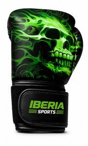 IBERIA Premium Black Boxing <b>Gloves</b> <b>Green</b> Skull Flame Print Training <b>Gloves</b> PU <b>Leather</b> Custom Logo OEM Wholesale - Product Image 2