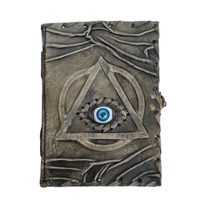 Three Eye Stone Embossed Leather Journal with <b>Lock</b>, Charcoal Grey Evil Eye Triangle Grimoire, Antique Gothic Spell Book - Product Image 1