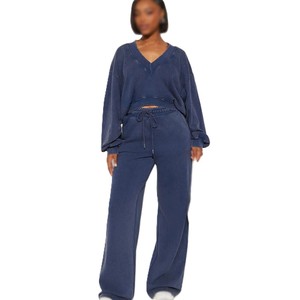 Ensemble court col en V épais OEM en molleton French Terry délavé à l'acide pour femme, pantalon palazzo jogger d'hiver, vente en gros, fabricant USA - Product Image 4