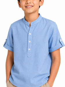 <b>Boys</b> Sky Blue Mandarin Collar Kurta Shirt Casual Cotton Short Sleeve Ethnic Wear for Kids Stylish Roll <b>Up</b> Sleeve Kurta Top Trend - Product Image 4