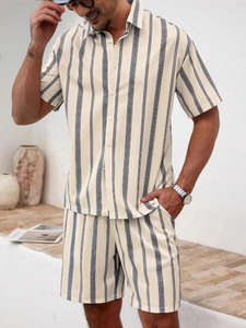 Camiseta de Manga Corta a Rayas 2025, Conjunto de Pantalones Cortos Casuales de Verano para Hombre - Product Image 3