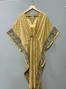 Vestido Kaftán Largo con Estampado Artesanal, Kaftán de Verano con Estampado Geométrico Bagru, Kaftán Corto de Algodón para la Playa, Vestido Midi de Algodón - Product Image 3