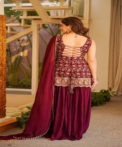 Elegant Maroon Silk Salwar Kameez Gold Embroidery <b>Floor</b>-Length Wedding Outfit For Women India Pakistan Style 85197 (MD-3093) - Product Image 2