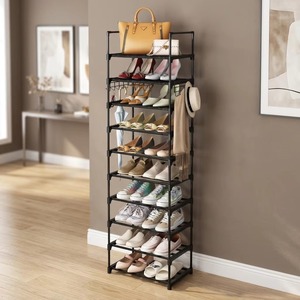 Meilleures ventes transfrontalières : Meuble de rangement à chaussures moderne empilable à 10 niveaux, simple, en fer noir et tubes en acier, avec éléments en plastique PP, pour salon - Product Image 1