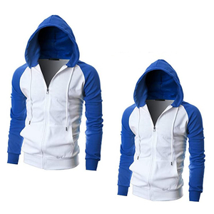 Men's Blue White Raglan Sleeve Hooded Zipper Sweatshirt Slim Fit Casual Knitted Solid Design Autumn Wear - Product Image 1