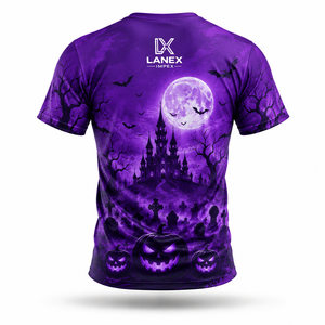 T-shirt personnalisé pour homme Halloween, motif citrouille Jack O'Lantern violette et château hanté, imprimé 3D, manches courtes, streetwear décontracté - Product Image 3