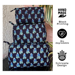 Juego de 3 Bolsas Organizadoras de Viaje de Algodón Premium, Acolchadas, con Estampado Floral Azul de Jaipur, Impermeables, para Maquillaje y Artículos de Aseo - Product Image 1