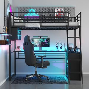 Letto a soppalco in metallo nero, doppia piazza, con scrivania a LED e 4 ripiani contenitore - Product Image 2
