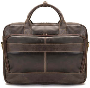 Durable Dark Brown Leather Laptop <b>Bag</b> with Adjustable Strap and Reinforced Handles Zipper Closure Durable Business Office Carry - Product Image 1