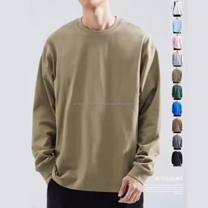 260 lourd petit décolleté à manches longues T-shirt hommes coton couleur unie à capuche col rond blanc avec une base chemise hommes - Product Image 1