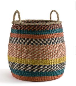 Handmade Seagrass <b>Storage</b> <b>Basket</b> with Ring Handles Multi Color Striped Pattern <b>Wicker</b> Container Bin for Laundry Organizer - Product Image 4