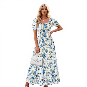 Nouvelle Robe Longue Élégante à Col Carré et Taille Haute, Manches Courtes, Imprimé Floral, pour Femme, Idéale pour Soirées, Tenues Décontractées et Quotidiennes, Personnalisable OEM/ODM - Product Image 4