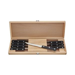 Juego de 8 cuchillos para carne con mango negro en estuche de madera marrón, con hojas plateadas y remaches triples para la decoración de la mesa. - Product Image 1