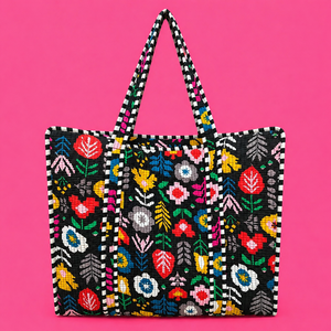Quilted Jaipuri Bohemian Style Hand Block Print Tote <b>Bag</b> Zipper Closure 18 Inch All Seasons Use HappyKraft Women's <b>Beach</b> <b>Bag</b> - Product Image 1