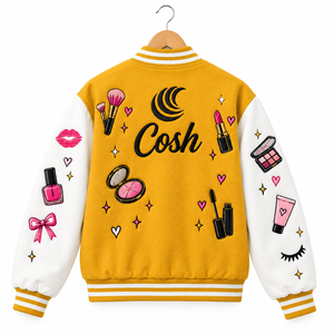 Veste universitaire jaune personnalisée de qualité supérieure pour femmes, avec broderies et patchs, et manches blanches style Letterman. - Product Image 2
