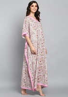 Kaftan à col en V à fleurs imprimé de blocs de main roses emblématiques Cool Knit By 100% Soft Cotton Comfiest & Cool Lounge Wear In All Day