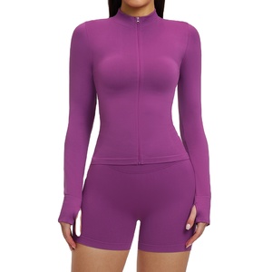 Seamless Woman Custom Logo Seamed Clothing Active Wear Fitness Yoga Sets Fitness Women Solid Pattern Jacket and Shorts Set - Product Image 1